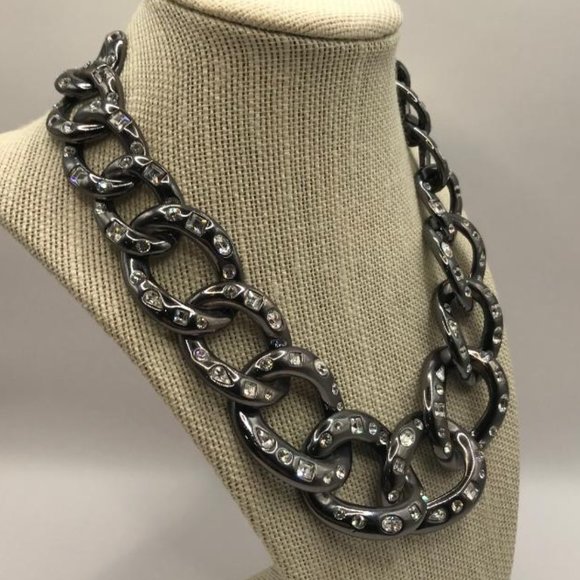 Vintage Kenneth Jay Lane (KJL) Gun Metal Rhinestone Chain Link Necklace - Picture 6 of 8